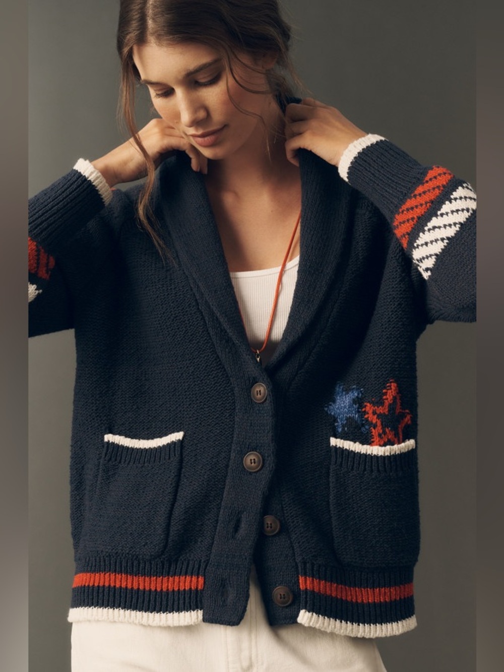 Anthropologie Navy Cardigan with Red & White Trim and Sail Motifs - Picture 2 of 5